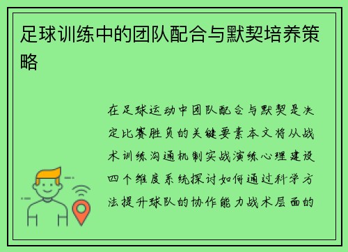 足球训练中的团队配合与默契培养策略