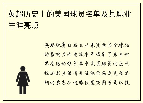 英超历史上的美国球员名单及其职业生涯亮点